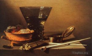 Artist Pieter Claesz's Work - Still Life with Wine and Smoking Implements