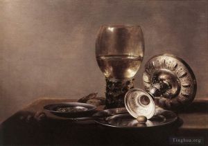 Artist Pieter Claesz's Work - Still life with Wine Glass and Silver Bowl
