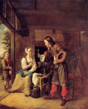 Artist Pieter de Hooch's Work - A Man Offering A Glass of Wine to a Woman