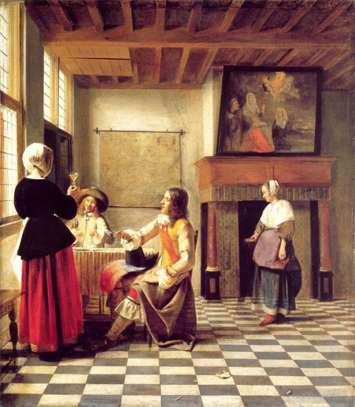 Pieter de Hooch Oil Painting - A Woman Drinking with Two Men and a Serving Woman