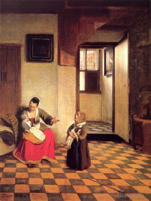 Artist Pieter de Hooch's Work - A Woman with a Baby in Her Lap and a Small Child