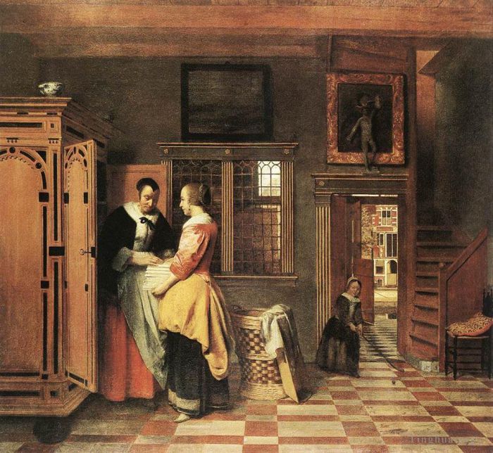 Pieter de Hooch Oil Painting - Interior with Women beside a Linen Cupboard (At the Linen Closet or Two Women Beside a Linen Chest with a Child)