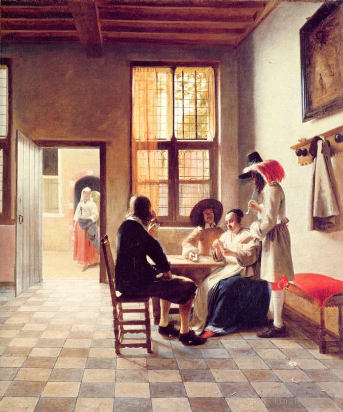 Pieter de Hooch Oil Painting - Card Players in a Sunlit Room