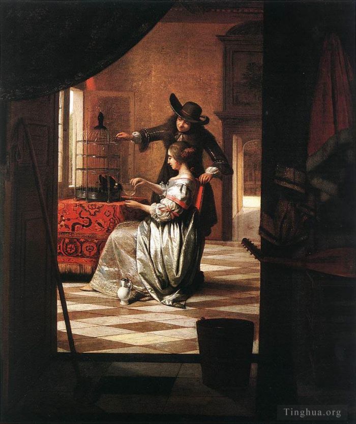 Pieter de Hooch Oil Painting - Couple with Parrot
