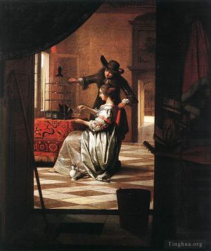 Artist Pieter de Hooch's Work - Couple with Parrot