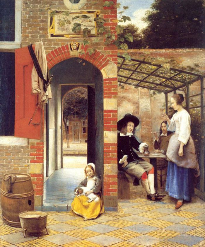 Pieter de Hooch Oil Painting - Figures Drinking in a Courtyard