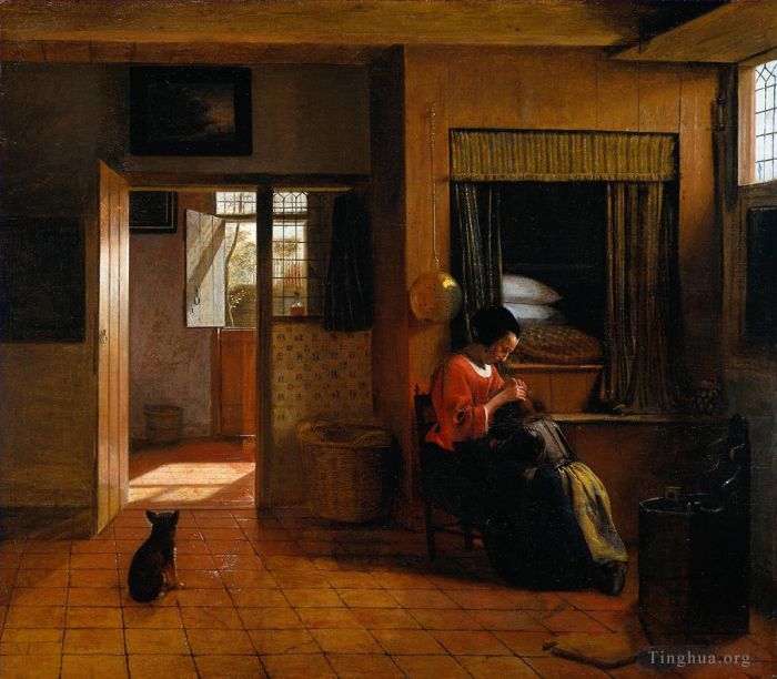 Pieter de Hooch Oil Painting - A Mother’s Duty (Interior with A Mother Delousing her Child’s Hair)
