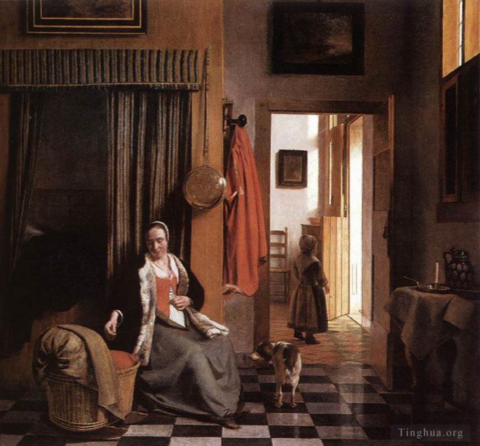 Pieter de Hooch Oil Painting - Mother Lacing Her Bodice beside a Cradle