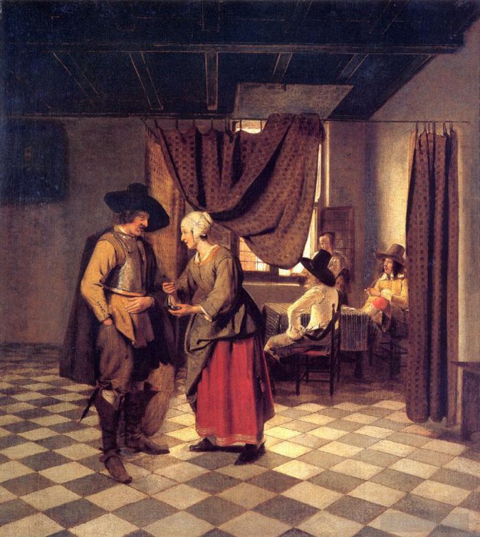 Pieter de Hooch Oil Painting - Paying the Hostess