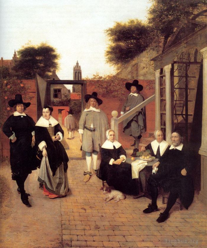Pieter de Hooch Oil Painting - Portrait of a Family in a Courtyard in Delft