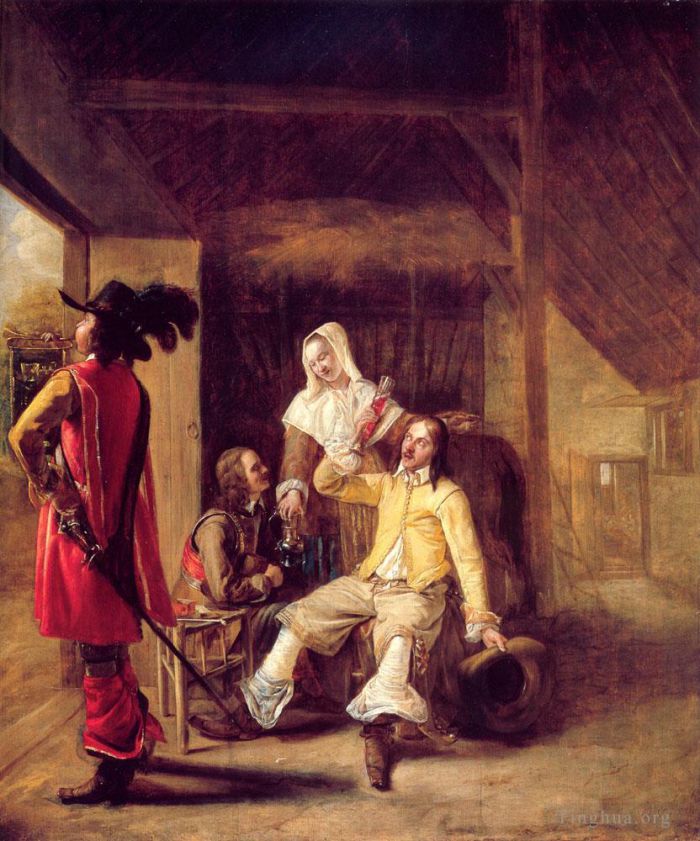 Pieter de Hooch Oil Painting - Two Soldiers and a Serving Woman with a Trumpeter