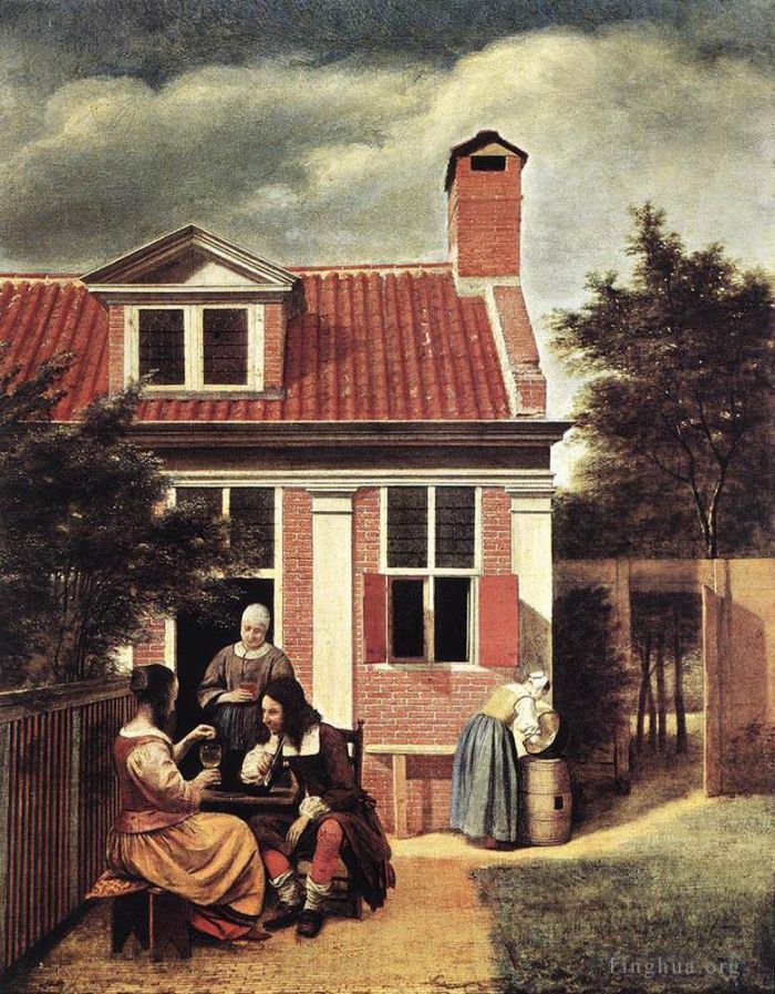 Pieter de Hooch Oil Painting - Figures in a Courtyard behind a House