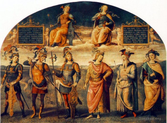 Pietro Perugino Oil Painting - Fortitude and Temperance with Six Antique Heroes 1497