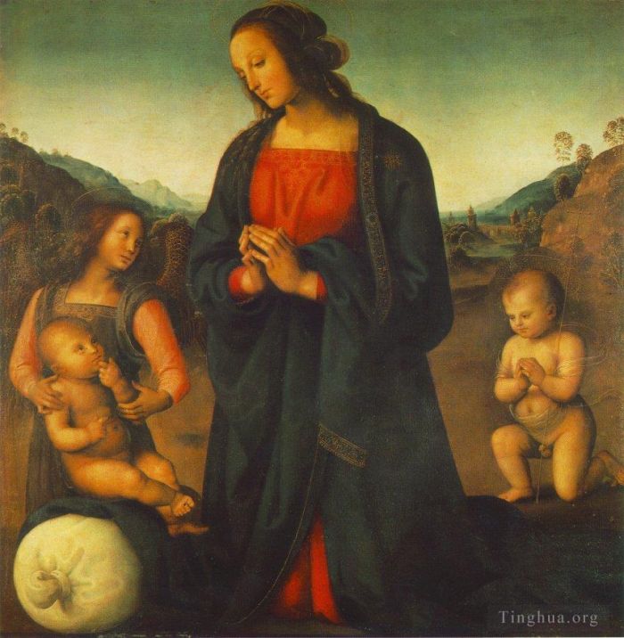 Pietro Perugino Oil Painting - Madonna an Angel and Little St John Adoring the Child Madonna del sacco 149515