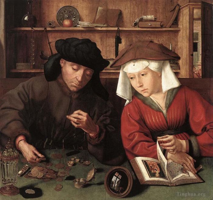 Quentin Matsys Oil Painting - The Moneylender and his Wife