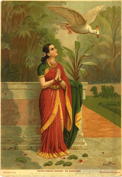 Raja Ravi Varma Oil Painting - HAUNSA DAMAYATI SANWADA