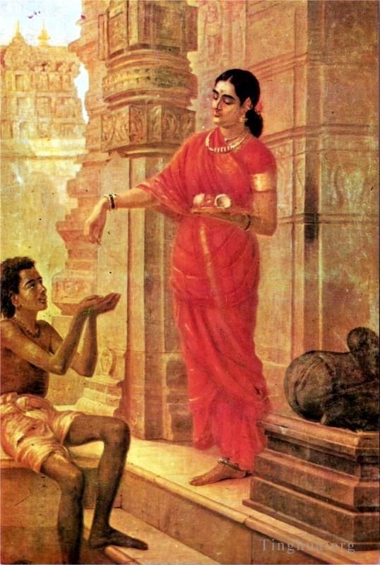Raja Ravi Varma Oil Painting - Lady Giving Alms at the Temple
