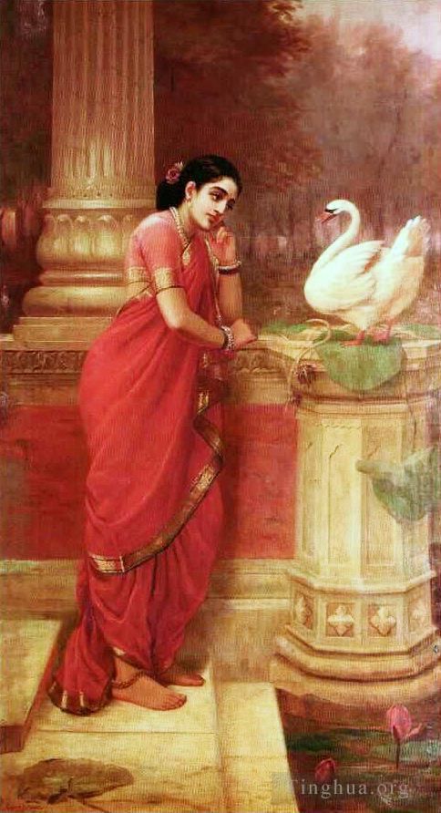 Raja Ravi Varma Oil Painting - Princess Damayanthi talking with Royal Swan about Nala