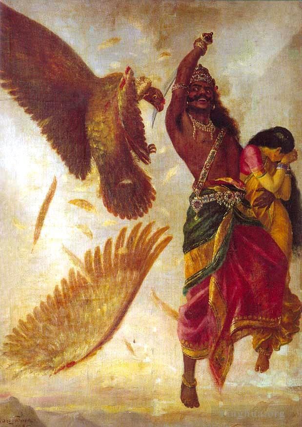 Raja Ravi Varma Oil Painting - Ravana Sita Jathayu