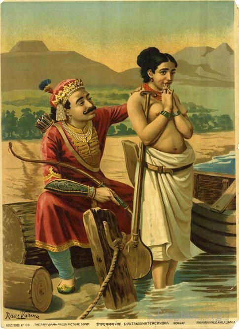 Raja Ravi Varma Oil Painting - SHANTANOO MATSAGANDHA