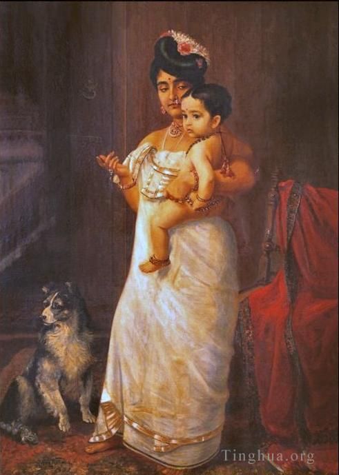 Raja Ravi Varma Oil Painting - There Comes Papa 1893