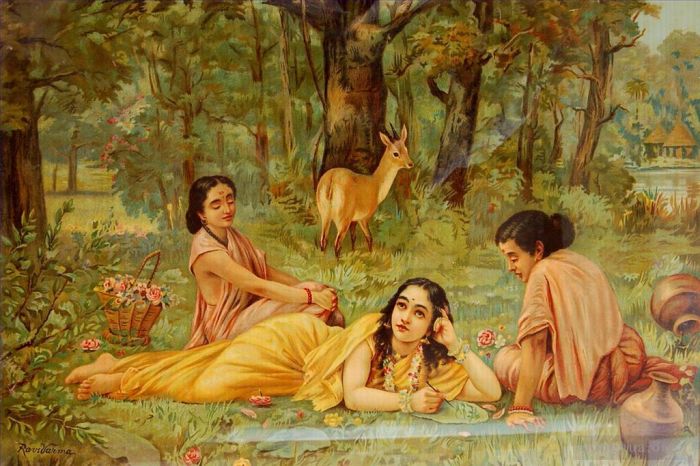 Raja Ravi Varma Oil Painting - Deer and Shakuntala