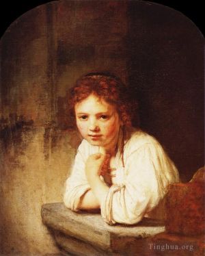 Artist Rembrandt's Work - Girl at a Window (Girl Leaning on a Stone Window Sill)