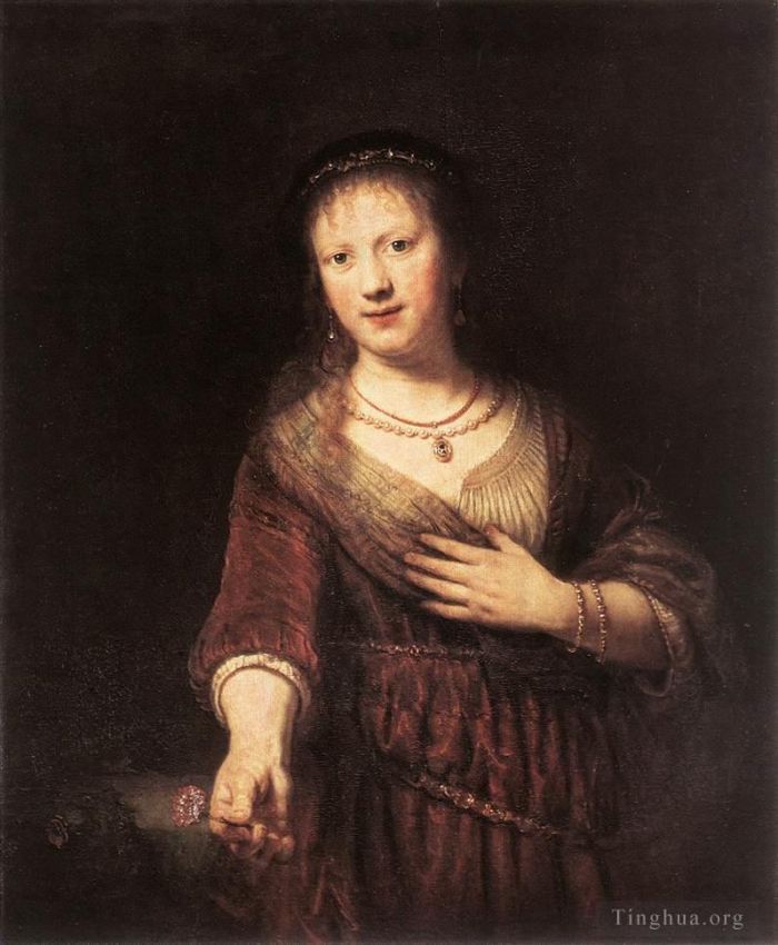 Rembrandt Oil Painting - Portrait of Saskia with a Flower