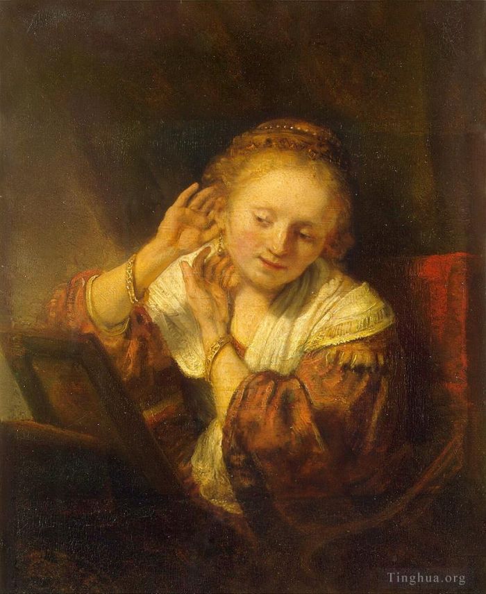 Rembrandt Oil Painting - Young Woman Trying Earrings