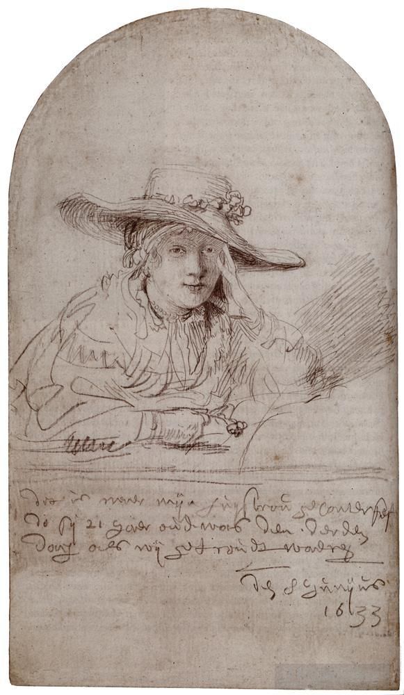 Rembrandt Various Paintings - Saskia In A Straw Hat