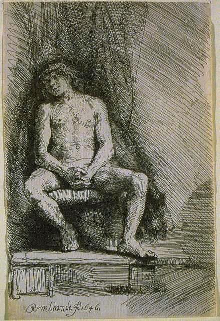 Rembrandt Various Paintings - Study from the Nude Man Seated before a Curtain SIL
