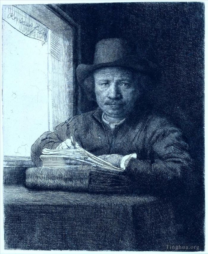 Rembrandt Various Paintings - Drawing at a window