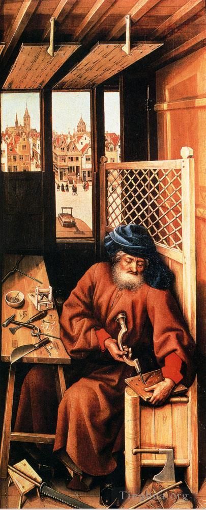 Robert Campin Oil Painting - St Joseph Portrayed As A Medieval Carpenter