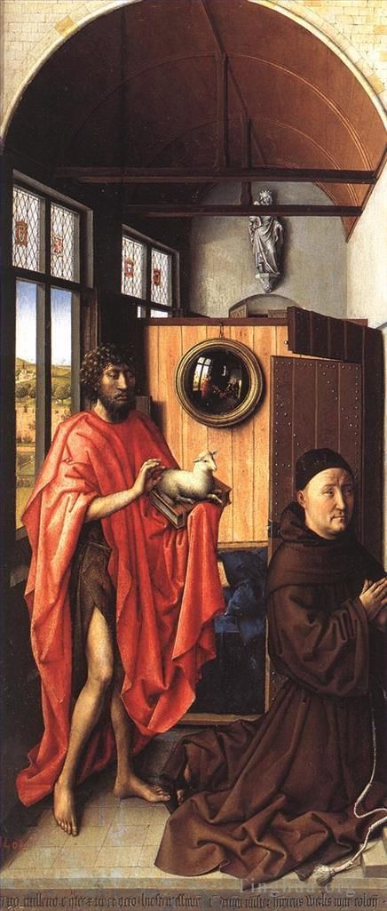 Robert Campin Oil Painting - Saint John the Baptist and the Franciscan Heinrich von Werl