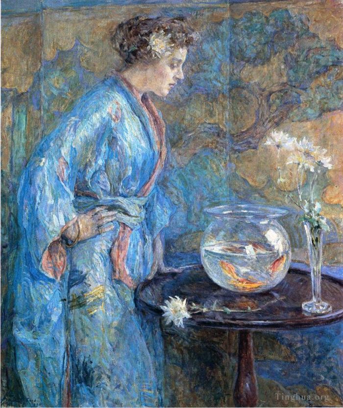 Robert Lewis Reid Oil Painting - Girl in Blue Kimono