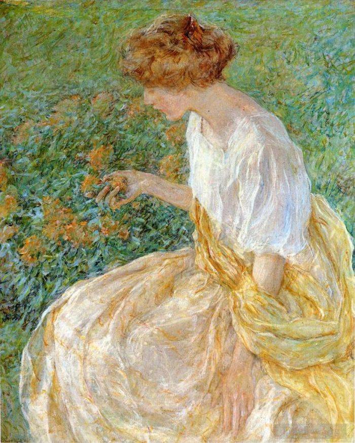 Robert Lewis Reid Oil Painting - The Yellow Flower aka The Artists Wife in the Garden