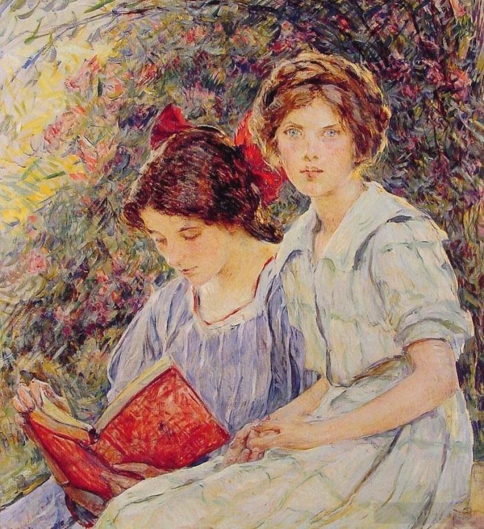 Robert Lewis Reid Oil Painting - Two Girls Reading