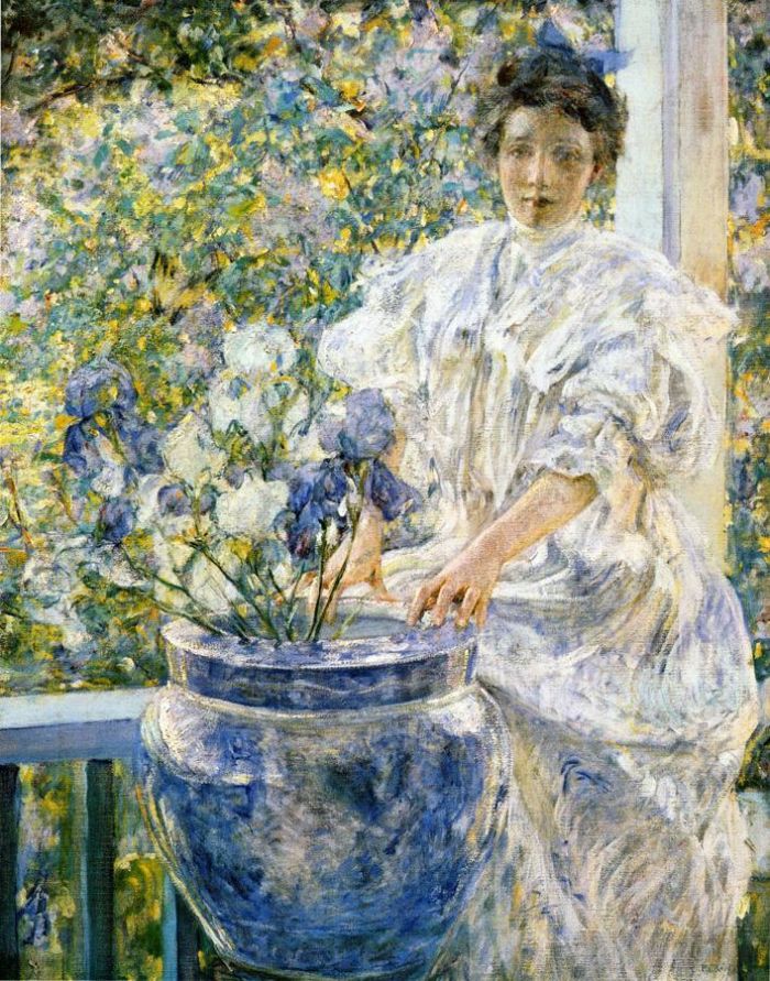 Robert Lewis Reid Oil Painting - Woman on a Porch with Flowers