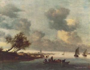 Artist Salomon van Ruysdael's Work - A Ferry Boat near Arnheim