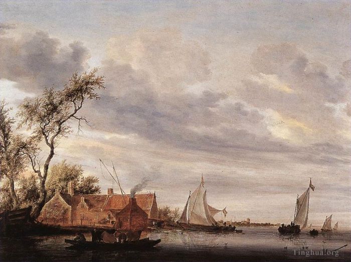 Salomon van Ruysdael Oil Painting - River Scene with Farmstead