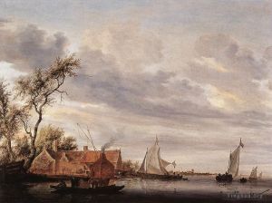 Artist Salomon van Ruysdael's Work - River Scene with Farmstead