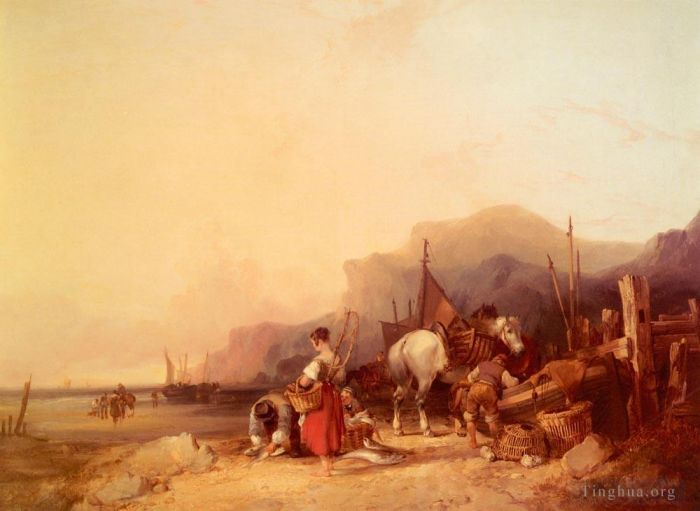 William Shayer Oil Painting - Unloading The Catch Near Benchurch Isle Of Wight