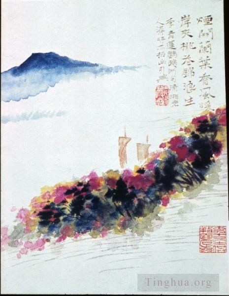 Shi Tao Chinese Painting - Riverbank of peach blossoms