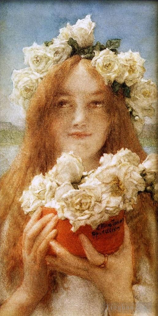 Sir Lawrence Alma-Tadema Oil Painting - Summer Offering Young Girl with Roses