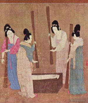 Antique Chinese Painting - Women preparing silk after zhang xuan 1100