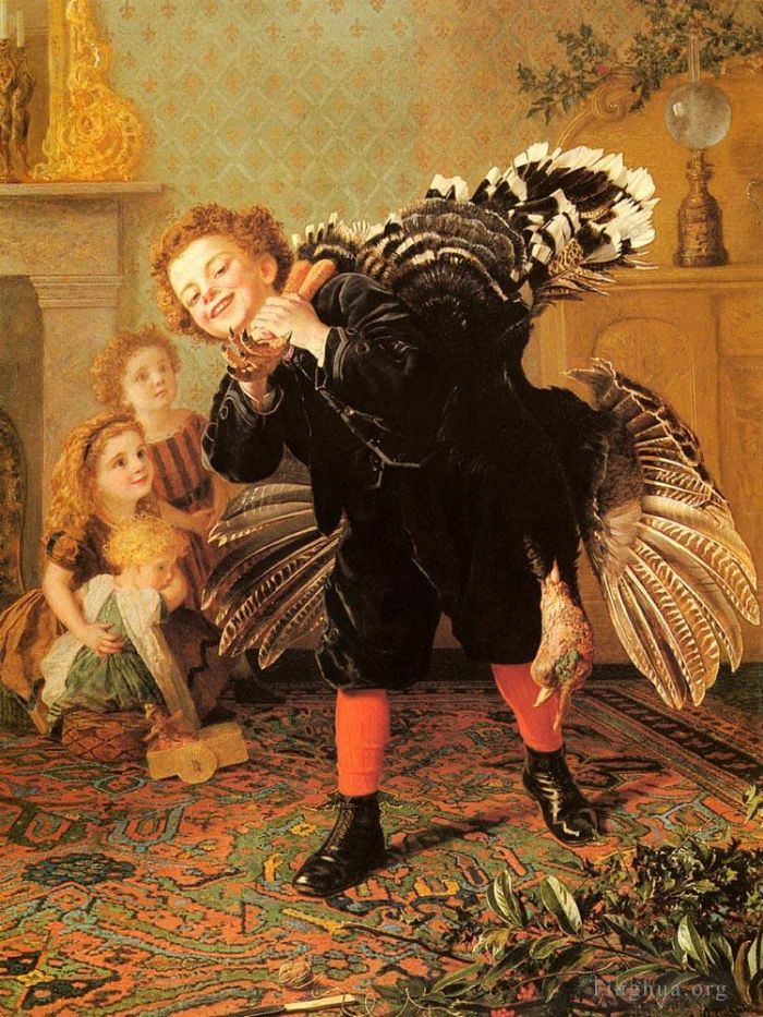 Sophie Gengembre Anderson Oil Painting - Christmas Time Heres The Gobbler