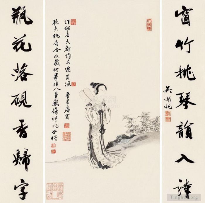 Tang Yin Chinese Painting - Tang yin maiden triptich