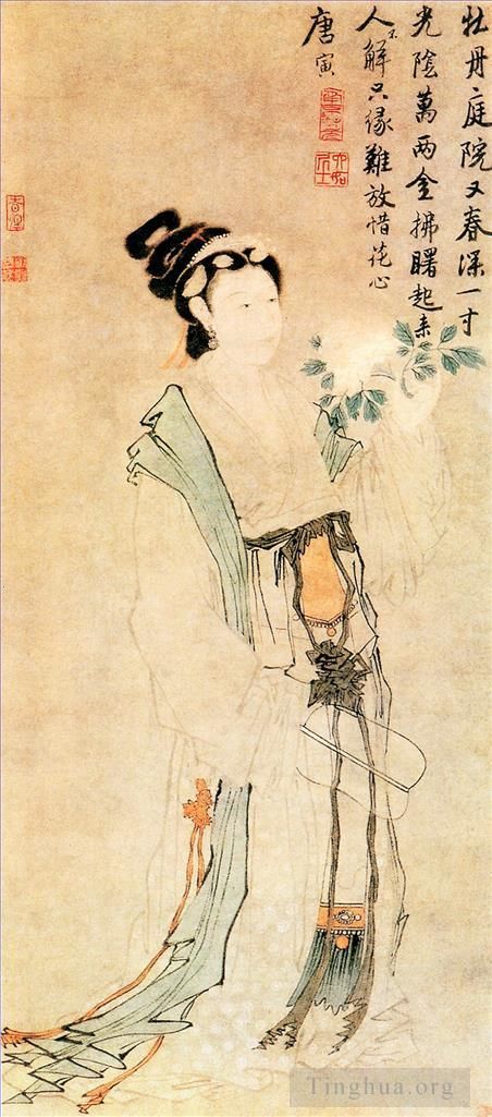 Tang Yin Chinese Painting - Tang yin peony and maiden