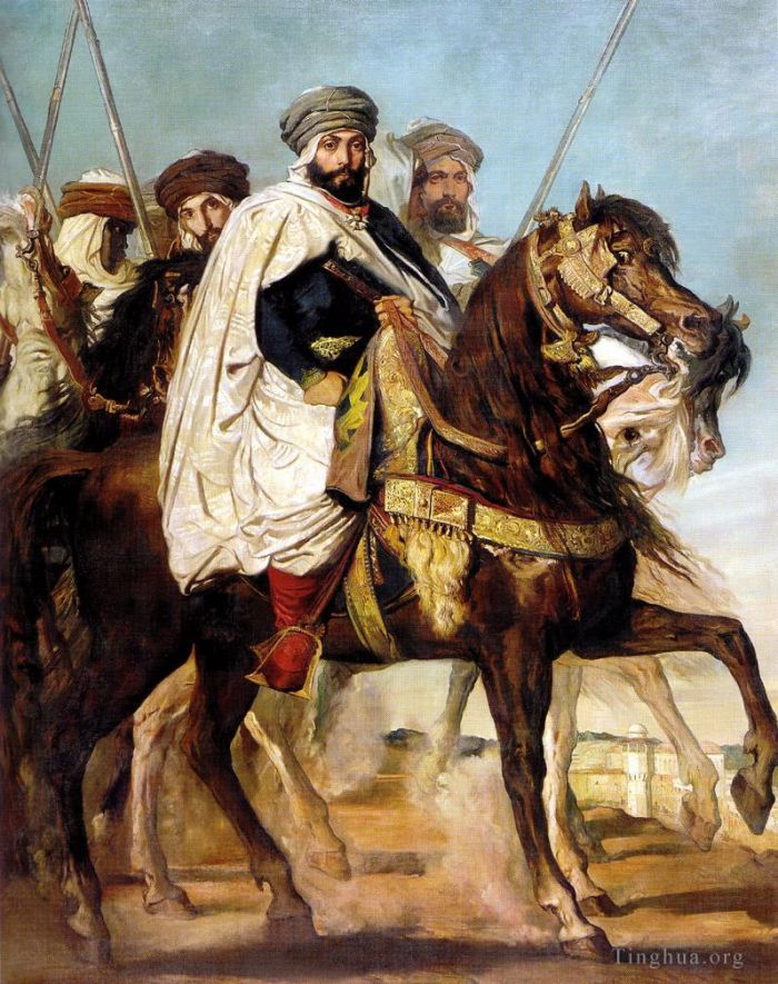 Theodore Chasseriau Oil Painting - Ali Ben Hamet Caliph of Constantine of the Haractas followed by his Escort 18