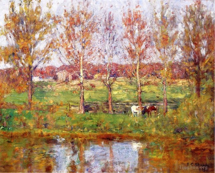 Theodore Clement Steele Oil Painting - Cows by the Stream
